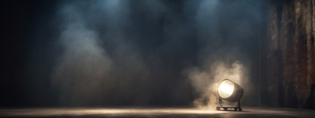 theater spot light with smoke against grunge wall - obrazy, fototapety, plakaty