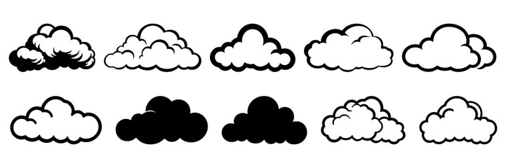 Cloud weather silhouettes set, large pack of vector silhouette design, isolated white background - obrazy, fototapety, plakaty