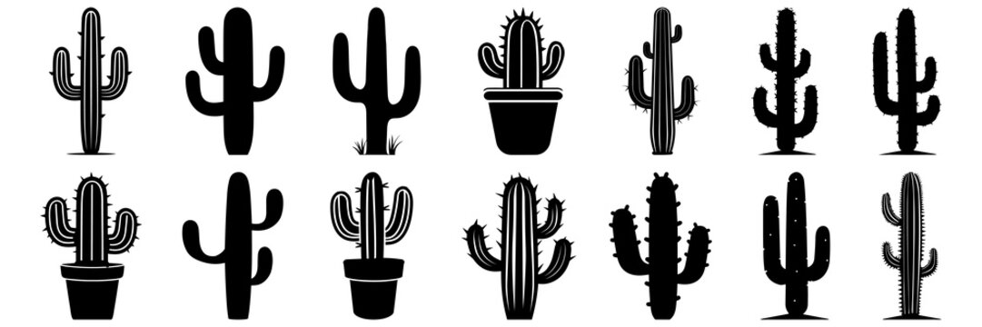 Cactus desert silhouettes set, large pack of vector silhouette design, isolated white background