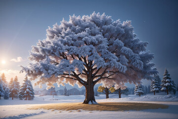 Beautiful tree in winter landscape in late evening in snowfall