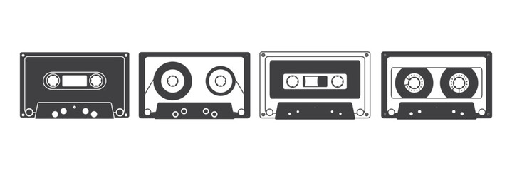 Set of Retro music audio cassette, Cassette tape icon in flat style, Audio Cassette icon. Retro badge. isolated on white background,  Old music nostalgia icon, Vector illustration.