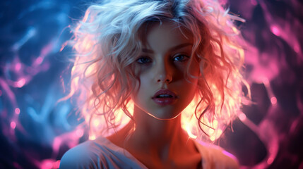 young woman, vividly expressive, backlit with neon colors of pink and blue