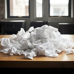 Crumpled waste paper on an office desk.