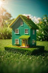 Fototapeta na wymiar Copy space of home and life concept. Small model home on green grass with sunlight abstract background.