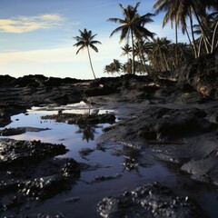 Fototapeta na wymiar A beautiful tropical landscape soaked in thick black oil. 
