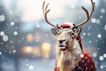 Fototapeta premium Festive Reindeer: An Adorable Scene of a Reindeer Donning a Santa Hat in a Snowy Landscape.