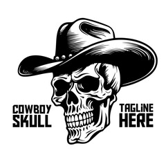 Monochrome Cowboy Skull Illustration: Western Skeleton Design for Logos, Labels, Emblems, Signs, Branding, Posters, T-Shirt Prints. Hand-Drawn Vector Graphic - PNG, transparent background