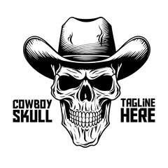 Cowboy Monochrome Skull Mascot: Western Skeleton Design for Logo, Label, Emblem, Sign, Brand Mark, Poster, T-Shirt Print. Hand-Drawn Vector Illustration - PNG, transparent background