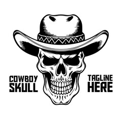 Cowboy Skull Mascot in Monochrome: Western Skeleton Logo Element for Labels, Emblems, Signs, Brand Marks, Posters, T-Shirt Prints. Hand-Drawn Vector Art - PNG, transparent background