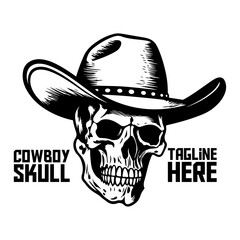 Monochrome Cowboy Skull Badge: Western Skeleton Design for Logos, Labels, Emblems, Signs, Brand Marks, Posters, T-Shirt Prints. Hand-Drawn Vector Illustration - PNG, transparent background