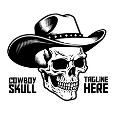 Cowboy Skull Monochrome Art: Western Skeleton Logo Element for Labeling, Emblems, Signs, Branding, Posters, T-Shirt Prints. Hand-Drawn Vector Graphic - PNG, transparent background