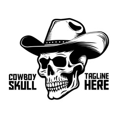 Western Monochrome Cowboy Skull Logo: Mascot Skeleton for Labels, Emblems, Signs, Brand Marks, Posters, T-Shirt Prints. Hand-Drawn Vector Art - PNG, transparent background
