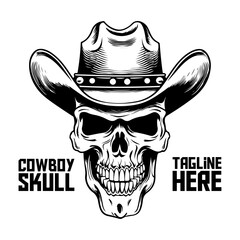Western Monochrome Cowboy Skeleton: Skull Mascot Design for Logo, Label, Emblem, Sign, Brand Mark, Poster, T-Shirt Print. Hand-Drawn Vector Art - PNG, transparent background
