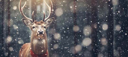 Festive Reindeer: An Adorable Scene of a Reindeer Donning a Santa Hat in a Snowy Landscape.

