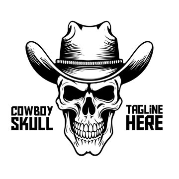 Monochrome Western Skeleton Cowboy: Skull Design for Logos, Labels, Emblems, Signs, Branding, Posters, T-Shirt Prints. Hand-Drawn Vector Illustration - PNG, transparent background