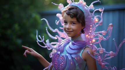 child in DIY alien costume with tentacles on halloween party