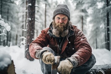Obraz premium Wintertime Lumberjack: Portrait of a Scandinavian Lumberjack Working in a Snow-Covered Forest