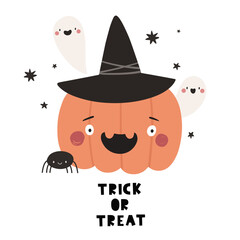 Cute cartoon Halloween, pumpkin and ghosts. Halloween characters vector in flat style.