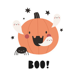 Cute cartoon Halloween, pumpkin and ghosts. Halloween characters vector in flat style.
