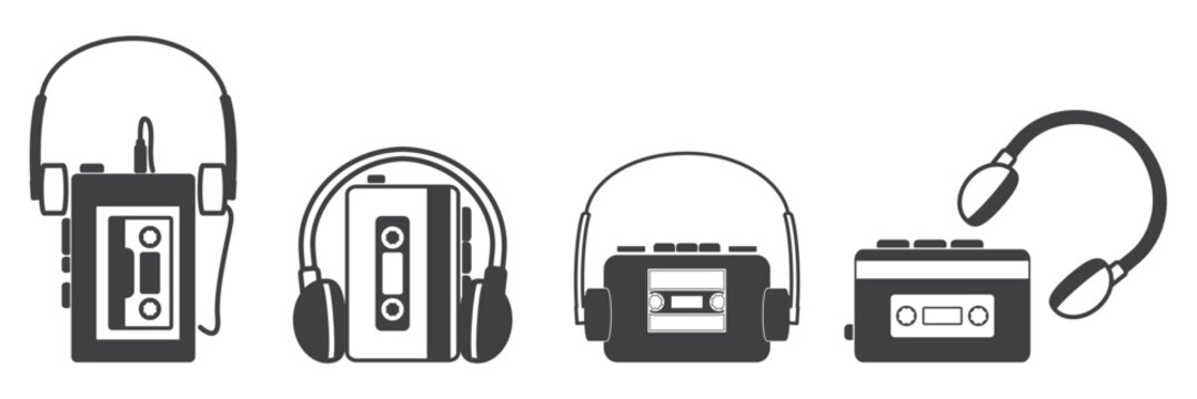 Set of Walkman icons vintage records, musical devices and equipments for playing music from cassettes. Retro cassette player with earphones. Walkman isolated on white background,