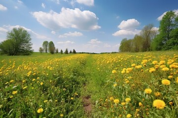 A vibrant field of yellow flowers under a clear blue sky