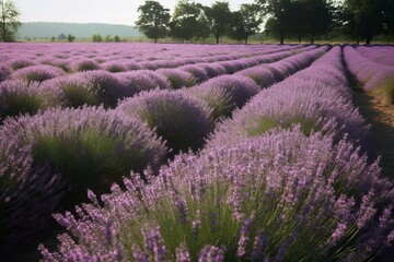 Obraz premium A vibrant lavender field with majestic trees in the backdrop