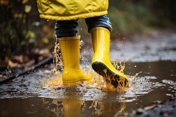 A person joyfully splashing in a puddle wearing yellow rain boots