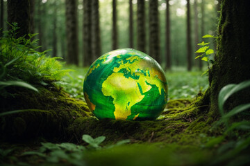 Obraz na płótnie Canvas Green Globe On Moss, Environmental Concept