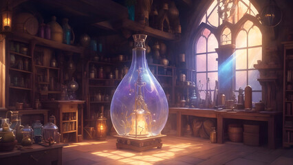 Magic Workshop: A cluttered yet cozy workshop filled with mystical potions, spellbooks, and whimsical contraptions. Sunlight filters through stained glass windows, casting colorful patterns on the flo - obrazy, fototapety, plakaty