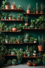 Home Garden Jungle: Stylish Composition of Beautiful Plants, Cacti, Succulents, and Air Plants in Various Design Pots, Enhanced by Green Wall Paneling. A Template for Home Gardening Enthusiasts.