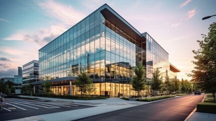 captivating image of a modern office building with a sleek glass facade that epitomizes contemporary architecture. - 645469389