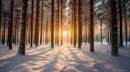 The sun coming through the trees in a winter pine forest.