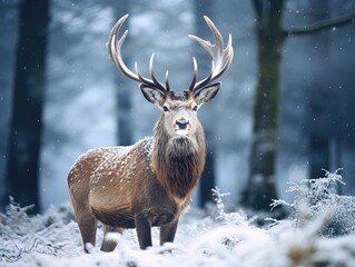 A stag in a winter landscape.