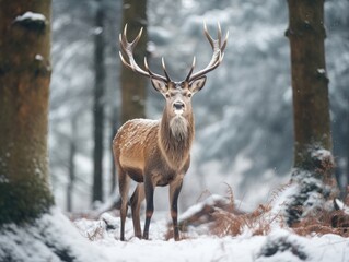 A stag in a winter landscape.