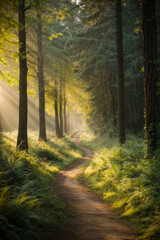 Road in dark forest, sunlight, lush greenery and grass