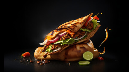 Shawarma sandwich gyro- fresh roll of thin lavash (pita bread) filled with grilled meatcheese, cabbage, carrots, sauce, green. On dark black background