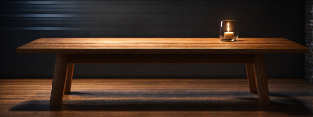 Wooden table with dark blurred background.
