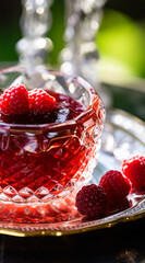 Raspberry jam and raspberries in a crystal bowl, country food and English recipe idea for menu, food blog and cookbook