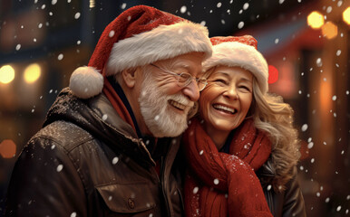 Joyful Christmas Walk: Capturing the Heartwarming Moments of an Elderly Couple Enjoying a Leisurely Stroll Amidst Festively Adorned Streets.