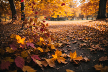 Autumn colorful bright leaves swinging in a tree in autumnal park. Autumn colorful background, fall backdrop