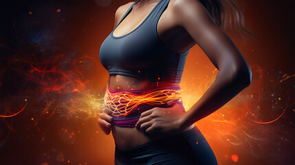 Woman waist in sports clothing with visible well defined abdominal Generative AI illustration - obrazy, fototapety, plakaty