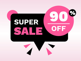super sale 90% percent off discount, stripe, price balloon, banner, square black and pink neon