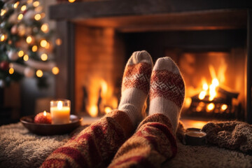 Feet in woollen socks by the Christmas fireplace. Close up on feet. Winter and Christmas holidays concept. - Powered by Adobe