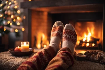 Schilderijen op glas Feet in woollen socks by the Christmas fireplace. Close up on feet. Winter and Christmas holidays concept. © @uniturehd