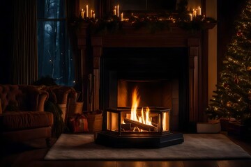 fireplace with burning logs Generated Ai