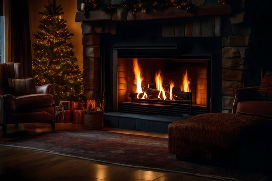 fireplace with burning logs Generated Ai