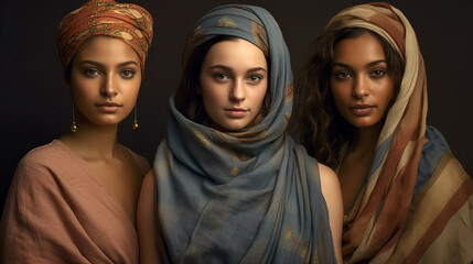 Three women of different nationalities in traditional clothes posing for the camera. Three beautiful women in traditional headscarf, studio shot. Diversity and women portraits studio shot. - obrazy, fototapety, plakaty