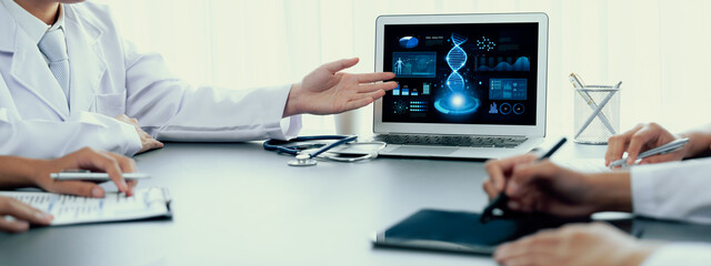 Group of doctor or researcher studying genetic disease in DNA with laptop, analyze genetic data,...