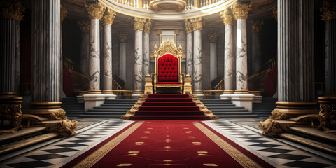 Kingdom's Welcome: Glistening Red Aisle Towards Grand Thrones in Castle