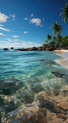 Blue ocean waves meet palm tree-lined beach in a peaceful tropical paradise.